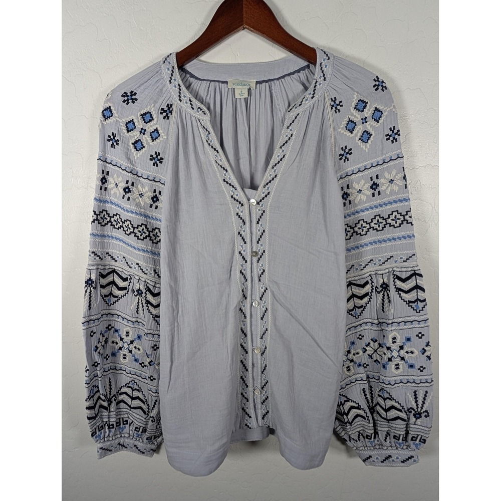 Sundance Shirt Womens Small Gray Embroidered Boho Button Front Balloon Sleeve